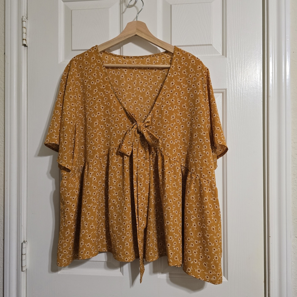 Floral Mustard Tie-Front Blouse Shein 2XL - Picture 1 of 6